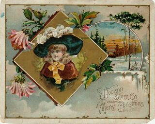 Antique Merry Christmas Trade Card,  Lion Coffee & Woolson Spice Co Ohio