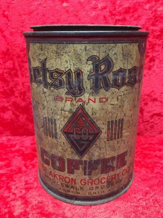 Rare Old Betsy Ross Brand Coffee Can The Akron Grocery Co.  Steel Cut With Lid