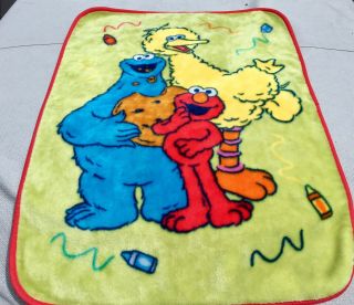 Vintage Sesame Street Fleece Baby Blanket W/ Big Bird,  Elmo,  & Cookie Monster