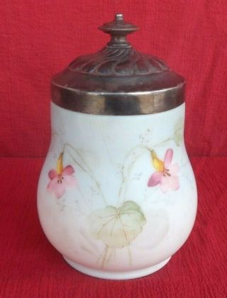 Antique Hand Painted Flower Design White Satin Glass Jar W/silver Plate Lid - Nr