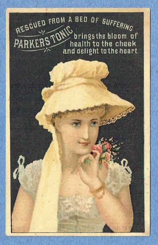 Parkers Tonic Victorian Advertising Card - Girl In A Bonnet W Flowers