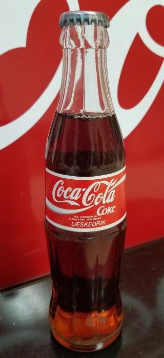 Vtg Full Coca - Cola Foreign Glass Bottle - 250 Ml - Denmark - Paper Label