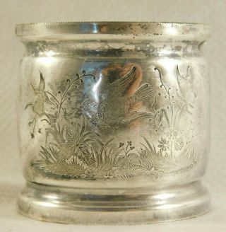 Vintage Etched Napkin Ring With Bird And Butterfly In Flower Meadow Scene