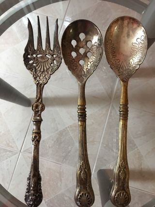 Set Of 3 Vintage Large Serving Table Spoons And Fork Siverplated