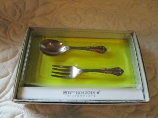 Wm.  Rogers Mfg Co Silver Plate 2 Pc Educator Set Childs Fork & Spoon W Box Sweep