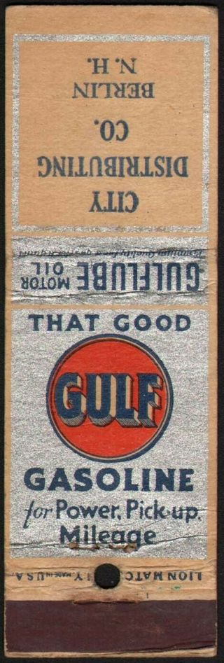 Vintage Matchbook Cover Gulf Gasoline Gulflube Motor Oil City Dist Co Berlin Nh