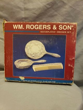 Wm Rogers & Son 3 - Piece Silver Plate Dresser Vanity Set,  Mirror/brush/comb,  1999