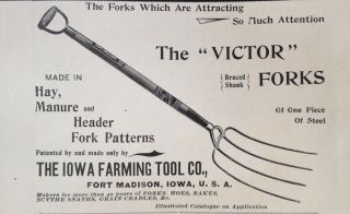 1895 Ad (1800 - 39) Iowa Farming Tool Co.  Fort Madison,  Iowa.  " Victor " Hay Forks