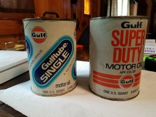 2 Vintage Gulf Motor Oil Cans Gulflube Single One Quart & Gulf Duty 1 Qt