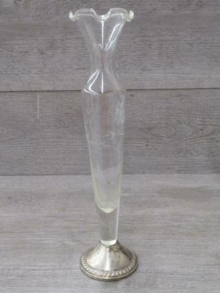 Vintage Duchin Creations Sterling Silver Weighted Bud Vase Etched Glass 10 In