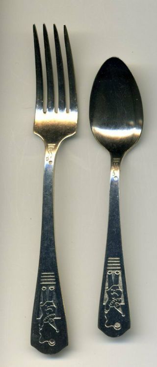 Rare Imperial Silver Plate Childs Fork & Spoon W/ Clown Handle.