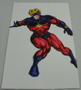 Captain Marvel Comic Art Drawing Sketch Signed Pin Up Artwork 17 " X 11 "