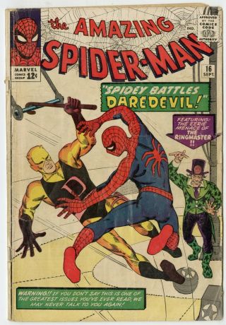Spider - Man 16 G/vg 3.  0 Off - White Pages Vs.  Daredevil Marvel 1964