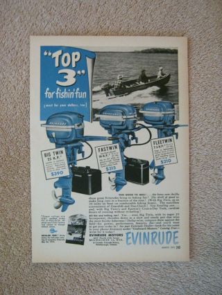 Vintage 1951 Evinrude Big Twin Outboard Boat Motors Top 3 Fishing Fun Print Ad