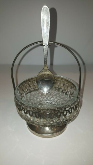 Arcoroc France Glass And Silverplate Pedestal Sugar Bowl With Spoon