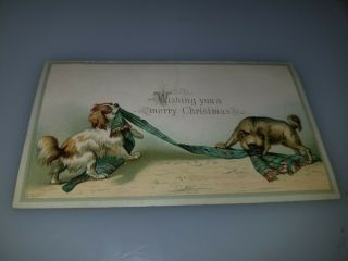Antique Victorian Trade Card Merry Christmas Dogs From Houghton 7 Duttons 1880s
