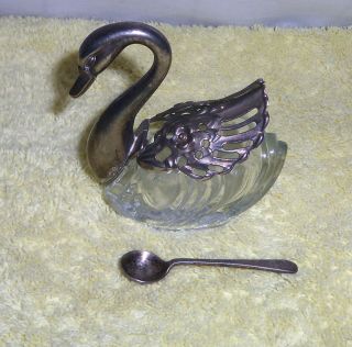 Vintage Silver Plate & Cut Crystal Swan Salt Cellar With Spoon