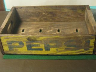 Vintage Yellow Pepsi Cola Wood Crate Carrier With Handle Cut Outs