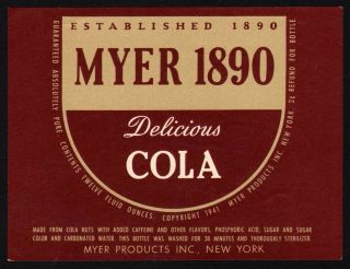 Vintage Soda Pop Bottle Label Myer 1890 Cola Dated 1941 York Old Stock