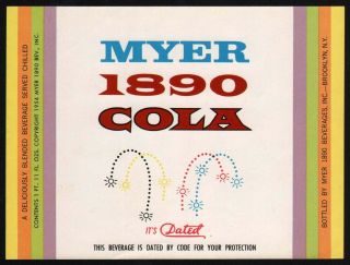 Vintage Soda Pop Bottle Label Myer 1890 Cola 1pt11oz Size Brooklyn York Nrmt