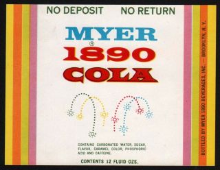 Vintage Soda Pop Bottle Label Myer 1890 Cola 12oz Size Brooklyn York N -,