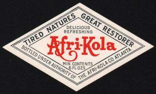 Vintage Soda Pop Bottle Label Afri Kola Early Diamond Coca Cola Imitator Atlanta