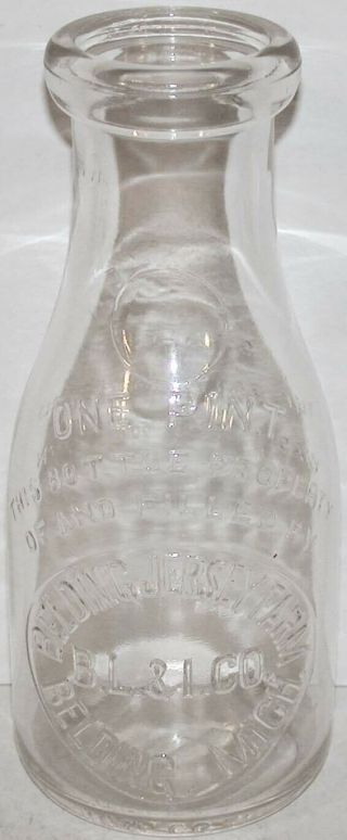 Vintage Milk Bottle Belding Jersey Farm Belding Michigan 1951 Embossed Pint Nrmt