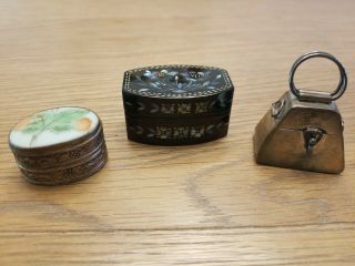 Two Vintage Silver And One Lacquer Pill Boxes.  Each Uniquely Crafted.  See Photos