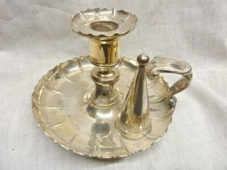 Antique Silver Plate Candlestick Candleholder On Copper / Snuffer
