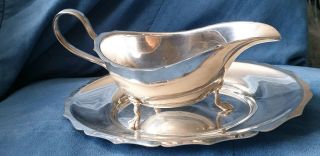 Vintage Silver Plated Gravy Sauce Boat & Stand Saucer Tray And Stamped