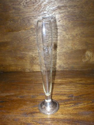 Vtg Duchin Weighted Sterling & Crystal Engraved Bud Vase 9 3/4 " Tall X 1 " Diam