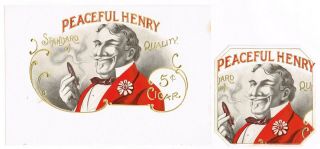 Cigar Box Label Vintage Pair C1900 Peaceful Henry Smoking Man Typography