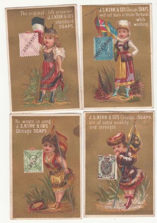 12 Jas S Kirk Cos Chicago Soaps For Washing Countries Flags Stamps Card C1880s