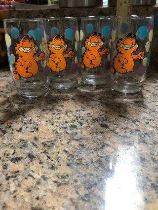 Vintage Garfield Cat Balloons 5” Inch Tall Drinking Glass Set Of 4 Made In Usa