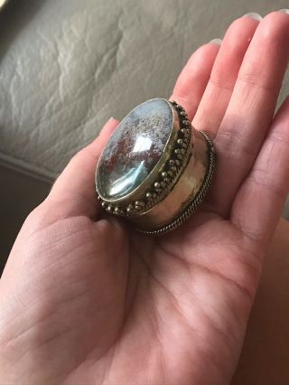 Vintage Oval Silver Trinket Pill Box With Polished Stone Lid