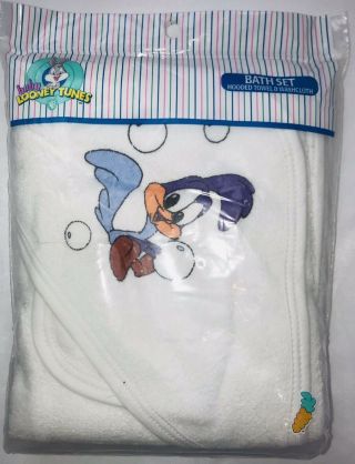 Vintage Baby Looney Tunes Bath Set Hooded Towel Washcloth Roadrunner
