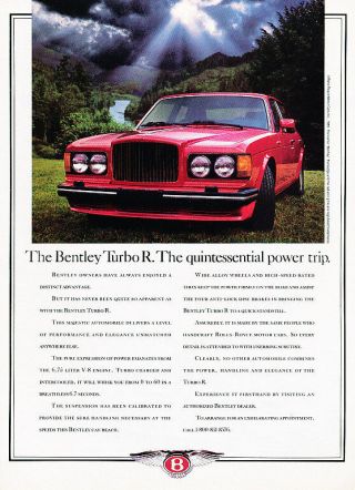 1989 Bentley Turbo R Car Classic Advertisement Print Ad A87
