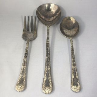 Wm Rogers & Sons Enchanted Rose Silverplate 3 Piece Serving Set Spoon Fork Ladle