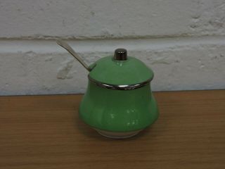 Tiny Copeland Spode Green Mustard Pot,  Lid & Silver Hallmarked Spoon Tc3 - La