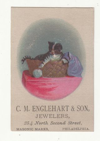 C M Englehart & Son Jewelers Philadelphia Kitten Basket Ball Of Yarn Card C1880s
