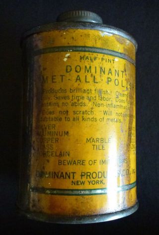 DOMENENT METAL POLISHING CO.  vintage low profile tin cone top canister c.  1920 ' s 3