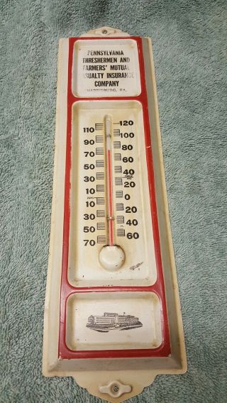 Vintage Tin Advertising Thermometer Pennsylvania Threshermen & Farmer ' s Mutual 2