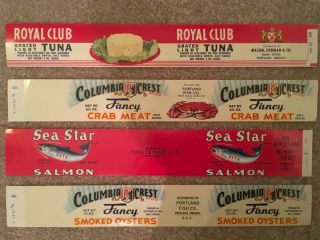 4 Vintage Seafood Crab Salmon Tuna Oysters Can Labels Advertisementcollectible