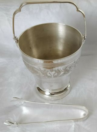 Ice Bucket & Tongs Silver Plated Edwardian Era Art Nouveau Design Ibts
