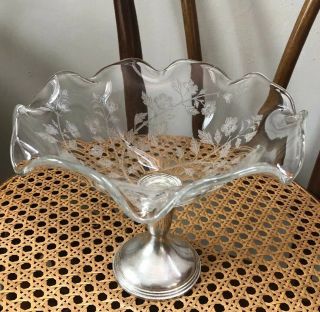 Vtg Etched Glass Cut Floral Design Compote Weight Footed Sterling Base By Empire