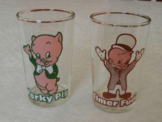 2 Warner Bros.  Glass Porky Pig With Bugs Bunny On Bottom & Elmer Fudd /tweety Bh