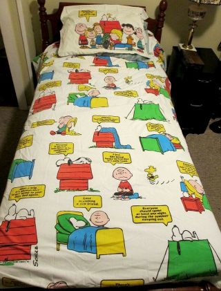 Vintage 1971 Peanuts Snoopy Charlie Brown Twin Bed Sheet / Pillow Case
