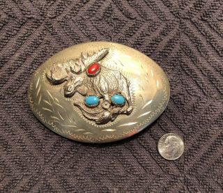 Vintage Silver Native American Belt Buckle Turquoise & Red Coral 80.  8 Grams