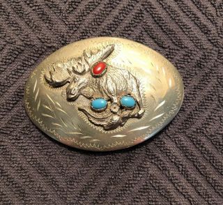 Vintage SILVER NATIVE AMERICAN BELT BUCKLE Turquoise & Red Coral 80.  8 Grams 2