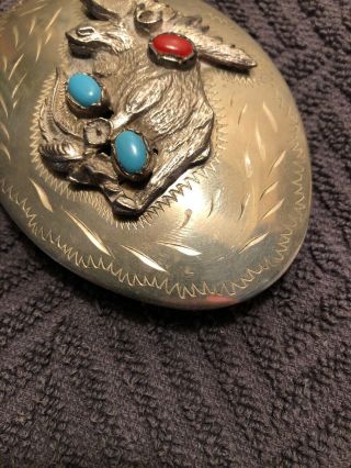 Vintage SILVER NATIVE AMERICAN BELT BUCKLE Turquoise & Red Coral 80.  8 Grams 4